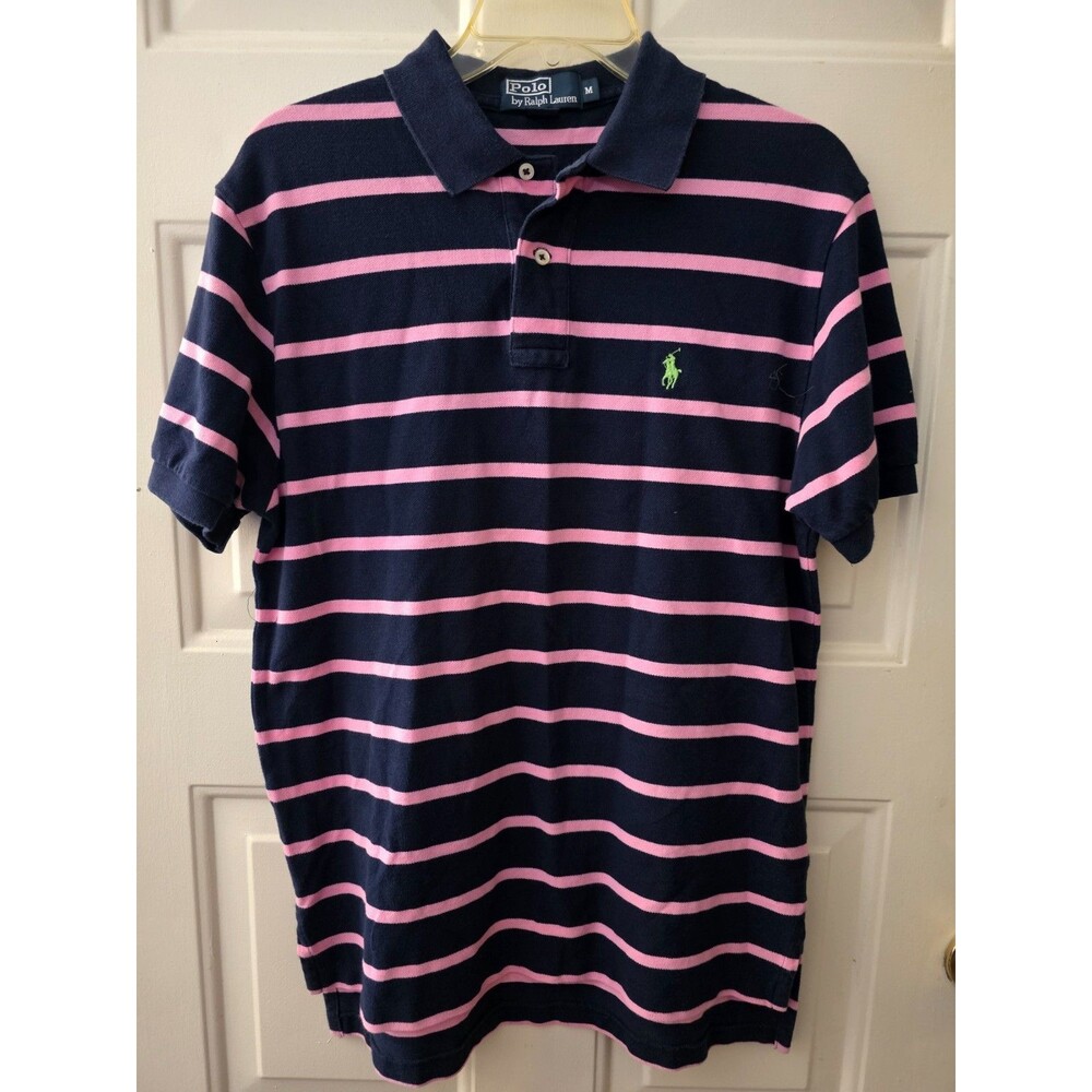 Polo Ralph Lauren Polo Shirt Mens Med Blue Pink Striped 100% Cotton